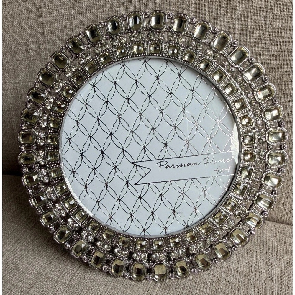 Parisian Home Silver Metal Jeweled Picture Photo Frame 4x4 Round Tabletop Decor